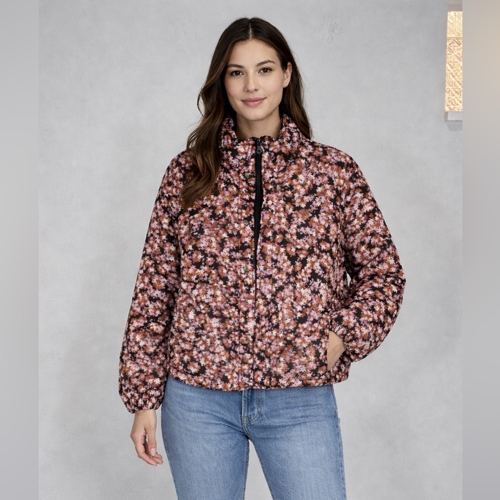 Sanctuary Floral Puffer Jacket Pink Black Cropped Quilted Coat Size S
